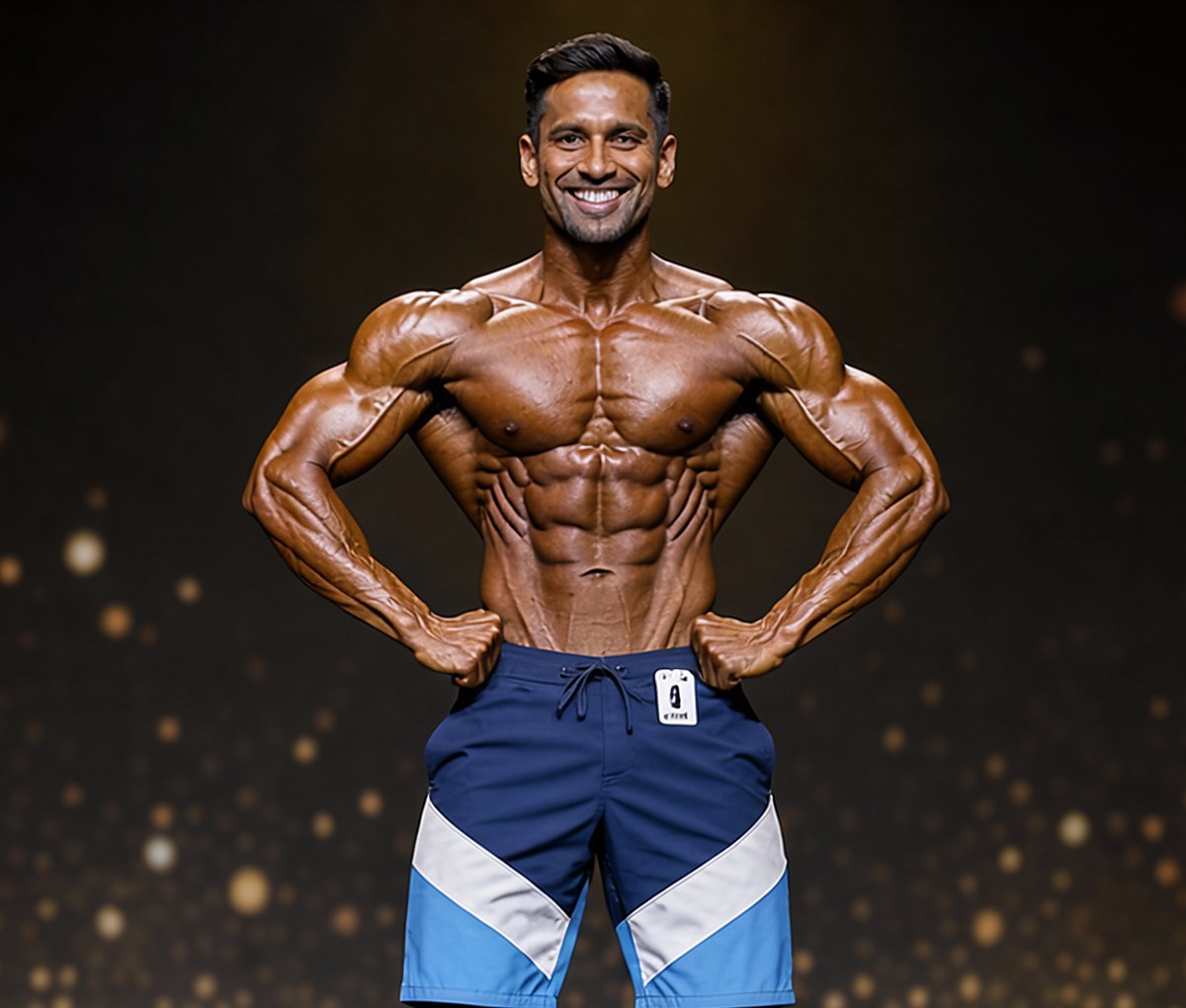 Men's physique athlete in board shorts, front pose